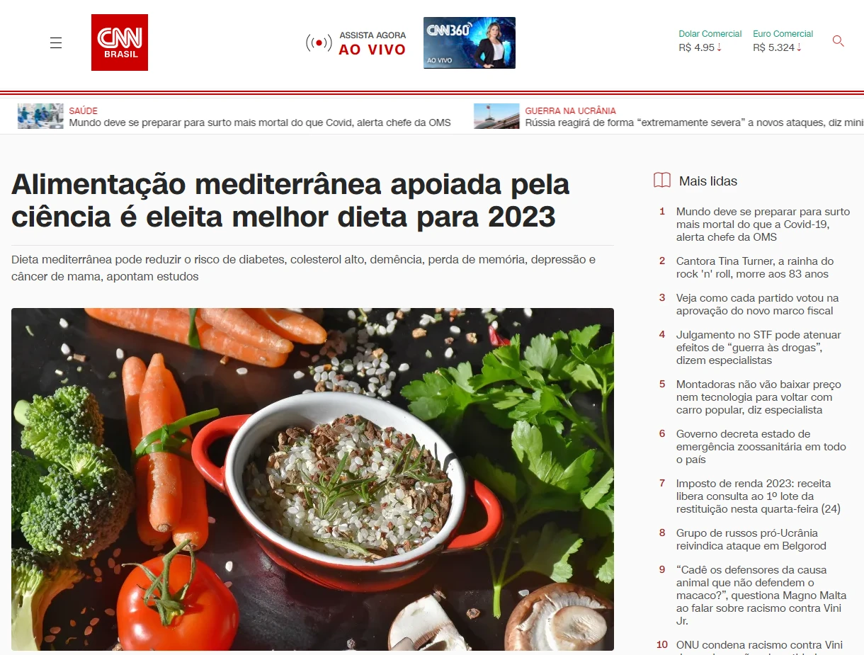 Notícia CNN Brasil - Dieta mediterrânea eleita melhor dieta de 2023